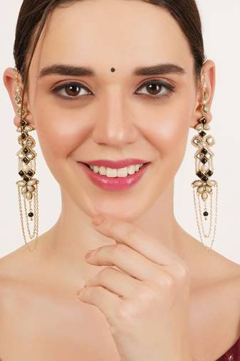 Black & gold kundan pearl earrings with ear chain