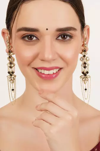Black & gold kundan pearl earrings with ear chain