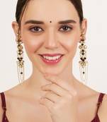 Black & gold kundan pearl earrings with ear chain
