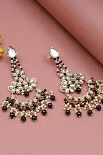 Black beaded kundan chandbali earrings