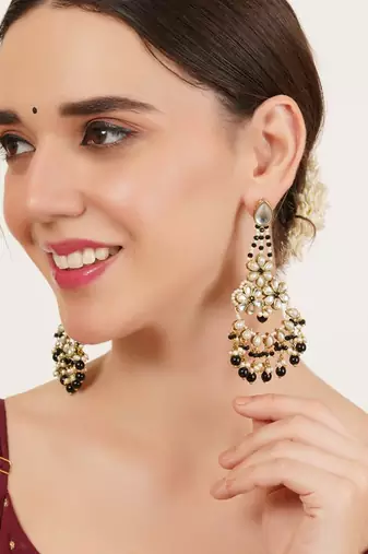 Black beaded kundan chandbali earrings