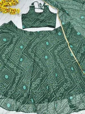 Green Color Bandhej Printed Work Georgette Lehenga Choli 3