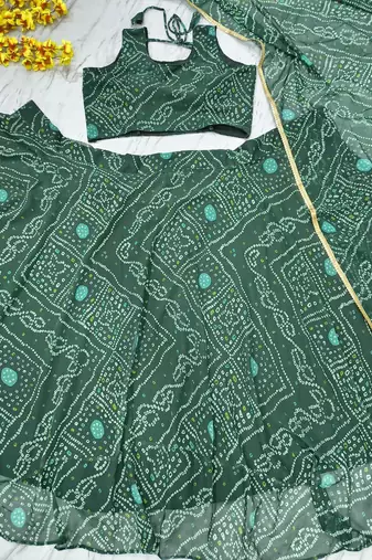 Green Color Bandhej Printed Work Georgette Lehenga Choli