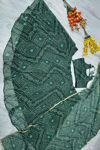 Green Color Bandhej Printed Work Georgette Lehenga Choli