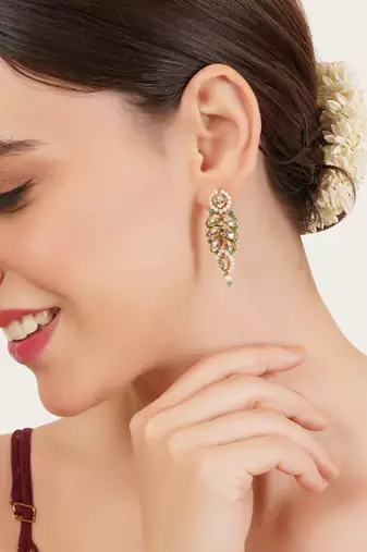 Green beaded leaf kundan stud earrings