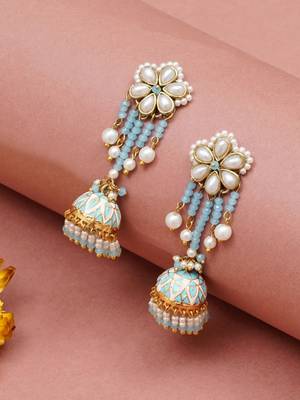 Blue meenakari jhumka earrings with pearl drops 2