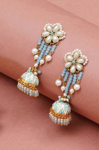 Blue meenakari jhumka earrings with pearl drops