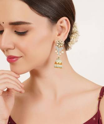 Blue meenakari jhumka earrings with pearl drops 3