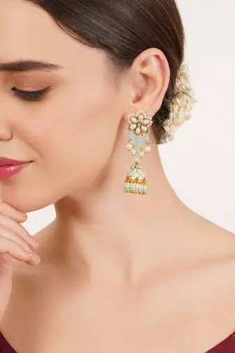 Blue meenakari jhumka earrings with pearl drops