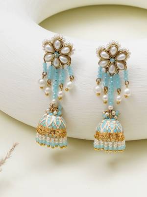Blue meenakari jhumka earrings with pearl drops 4