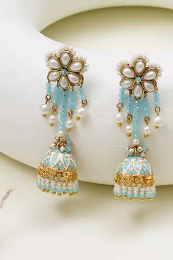 Blue meenakari jhumka earrings with pearl drops