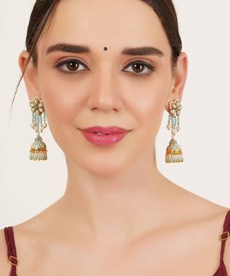 Blue meenakari jhumka earrings with pearl drops 1