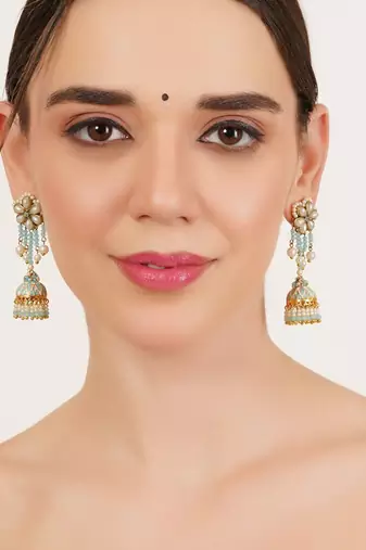 Blue meenakari jhumka earrings with pearl drops