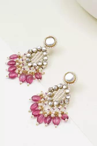 Pink drop kundan & pearl earrings