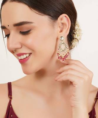 Pink drop kundan & pearl earrings 3