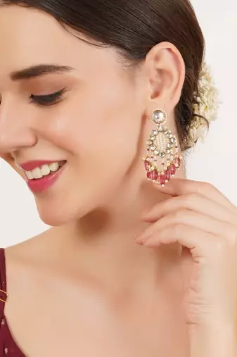 Pink drop kundan & pearl earrings