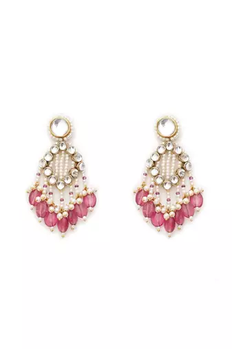 Pink drop kundan & pearl earrings