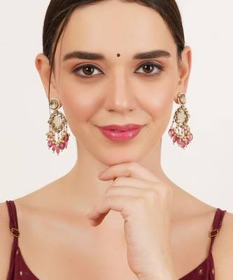 Pink drop kundan & pearl earrings 1