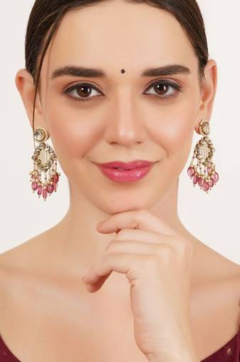 Pink drop kundan & pearl earrings