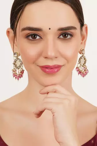 Pink drop kundan & pearl earrings