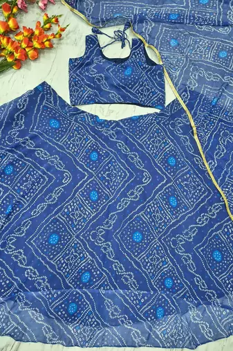 Navy Blue Color Bandhej Printed Work Georgette Lehenga Choli
