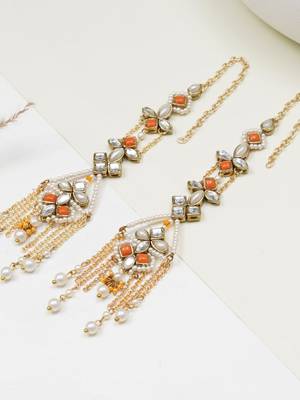 Orange kundan dangler earrings with ear chain 2