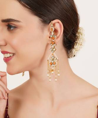 Orange kundan dangler earrings with ear chain 3