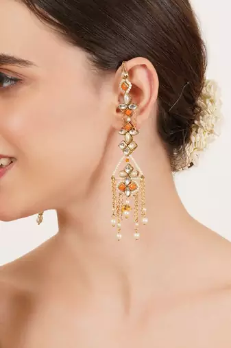 Orange kundan dangler earrings with ear chain