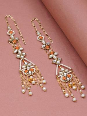Orange kundan dangler earrings with ear chain 4