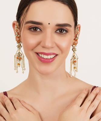 Orange kundan dangler earrings with ear chain 1