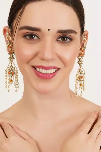 Orange kundan dangler earrings with ear chain