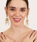 Orange kundan dangler earrings with ear chain