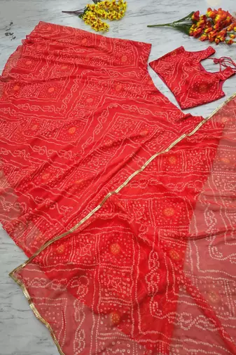 Orange Color Bandhej Printed Work Georgette Lehenga Choli