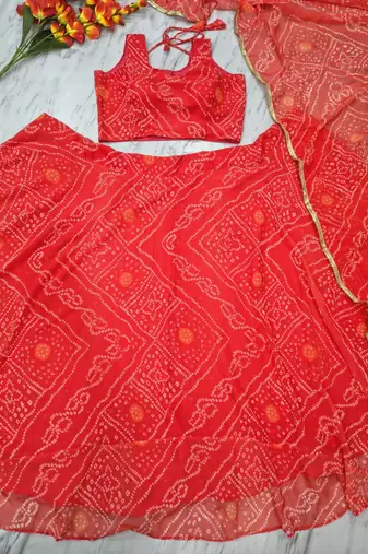 Orange Color Bandhej Printed Work Georgette Lehenga Choli