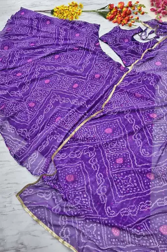 Purple Color Bandhej Printed Work Georgette Lehenga Choli