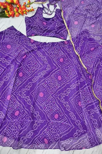 Purple Color Bandhej Printed Work Georgette Lehenga Choli