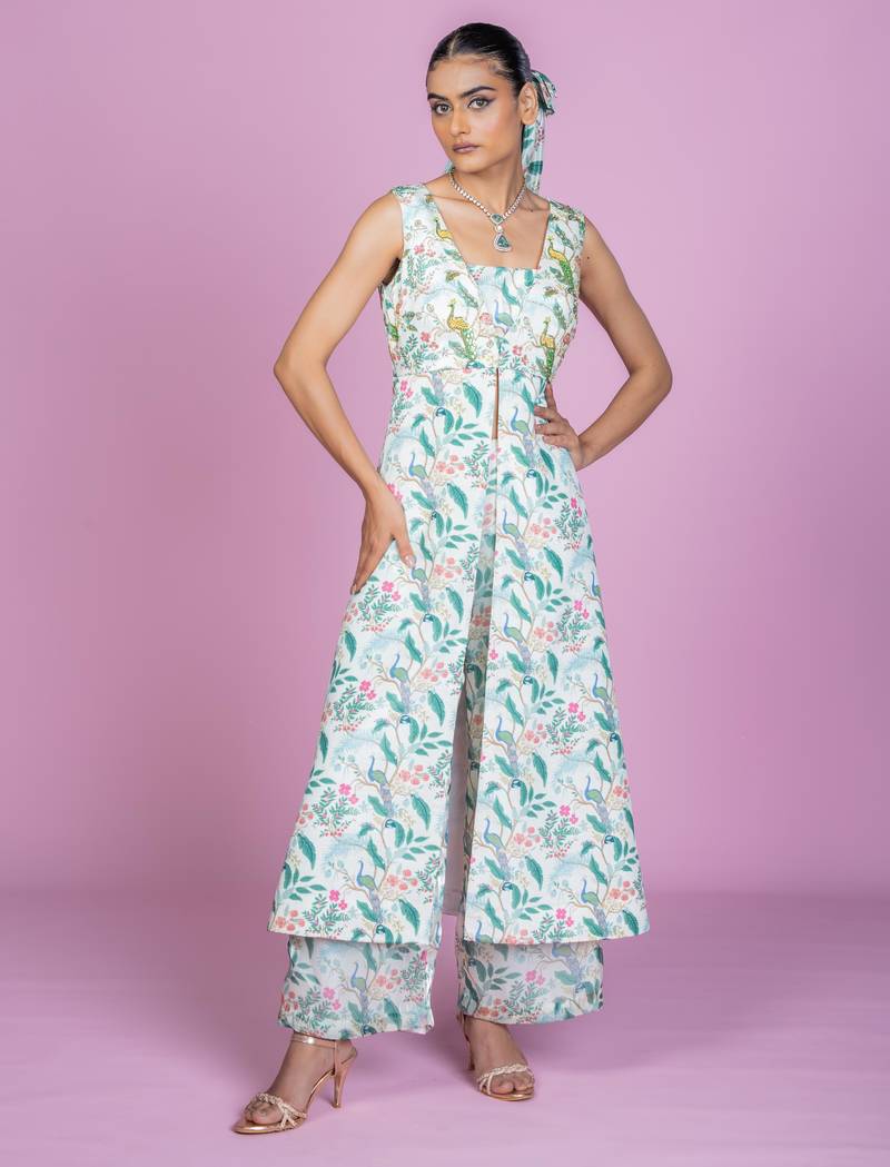 Ivory embroidered floral printart silk readymade straight suits trouser festive-salwar-suits