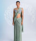 Mint green  embroidered  georgette  readymade fusion wear bollywood-sarees with blouse