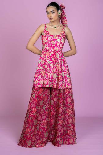 Fuschia pink floral print embroideredart silk readymadepalazzo suits palazzo festive-salwar-suits