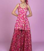 Fuschia pink floral print embroideredart silk readymadepalazzo suits palazzo festive-salwar-suits