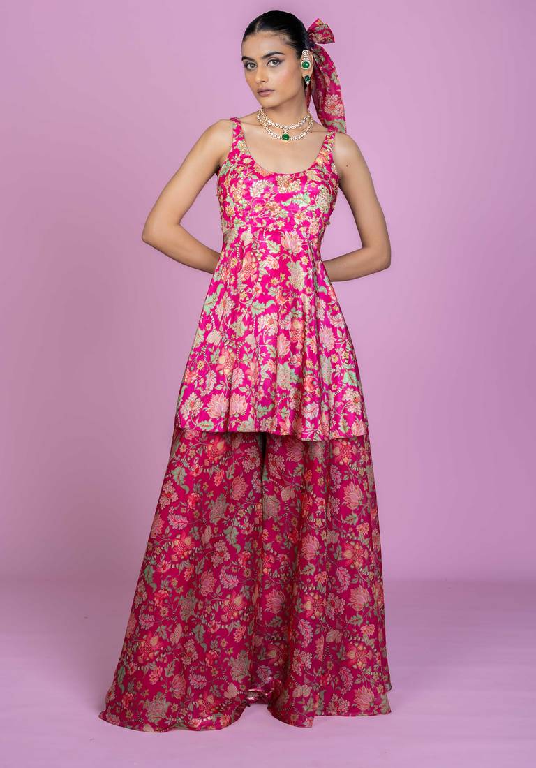 Fuschia pink floral print embroideredart silk readymadepalazzo suits palazzo festive-salwar-suits