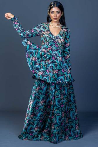 Black floral print embroidered art silk readymadepalazzo suits palazzo festive-salwar-suits