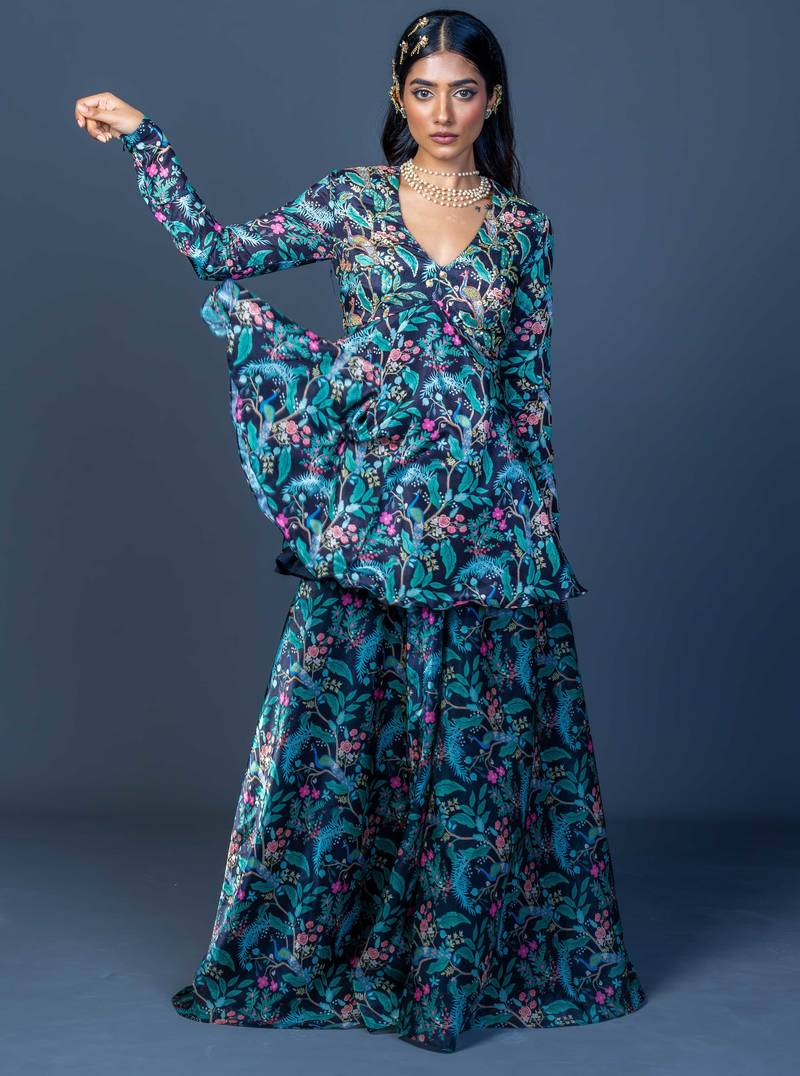 Black floral print embroidered art silk readymadepalazzo suits palazzo festive-salwar-suits