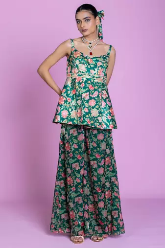 Green floral print embroidered art silk readymade flared pant set festive-salwar-suits