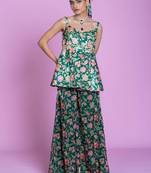 Green floral print embroidered art silk readymade flared pant set festive-salwar-suits