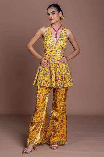 Mustard yellow floral print embroidered art silk readymade pant