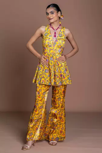 Mustard yellow floral print embroidered art silk readymade pant