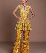 Mustard yellow floral print embroidered art silk readymade pant