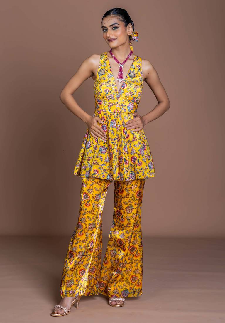Mustard yellow floral print embroidered art silk readymade pant