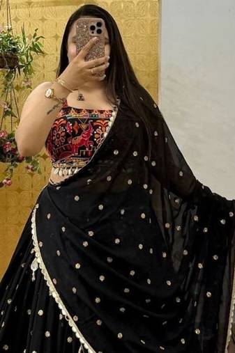 Black Color Sequins With Digital Print And Real Mirror Work Georgette Lehenga Choli